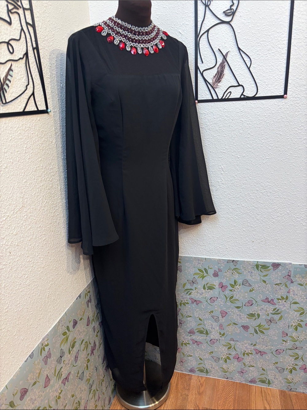 Elegant black long bell sleeve maxi dress with jeweled neckline. Size S. - Picture 10 of 17